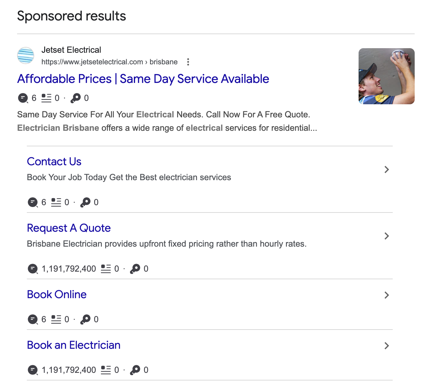 electrician ad with ad extensions